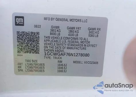 2022 Chevrolet Express Cargo Rwd 2500 Regular Wheelbase Wt z USA, uszkodzony, nr VIN 1GCWGAF76N1278080